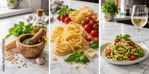 Beautiful culinary collage of cooking Italian pasta with pesto sauce, featuring raw fettuccine nests, cherry tomatoes, fresh basil, and a served plate with white wine, horizontal banner.
