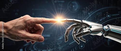 Human Finger Touching Robot Finger With Glowing Light.