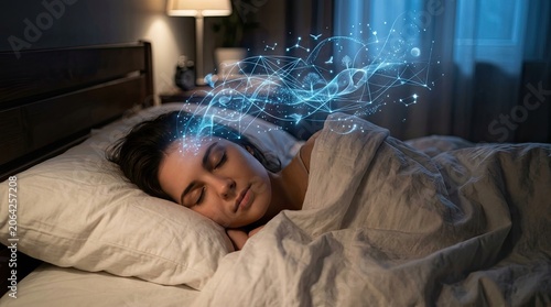 Woman Sleeping With Glowing Brain Activity Representing Dreams and Thoughts.
