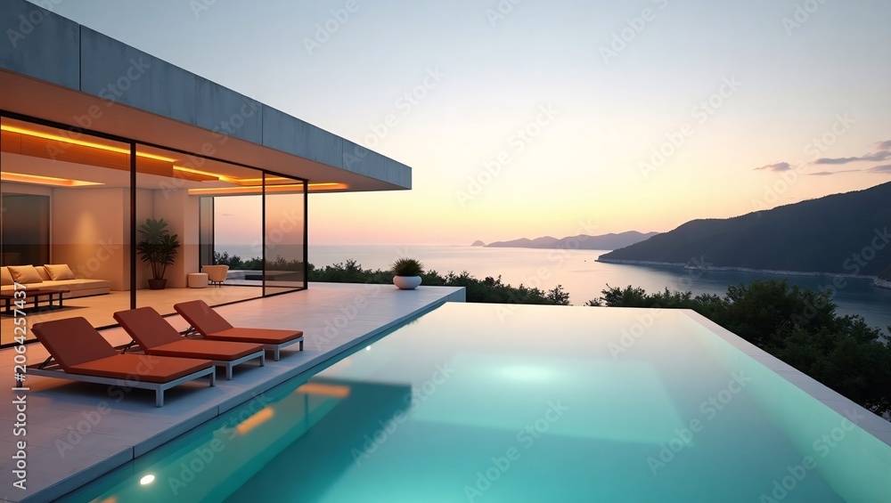 Fototapeta premium Luxury modern cliff villa with infinity pool, orange lounge chairs and calm ocean sunset view.