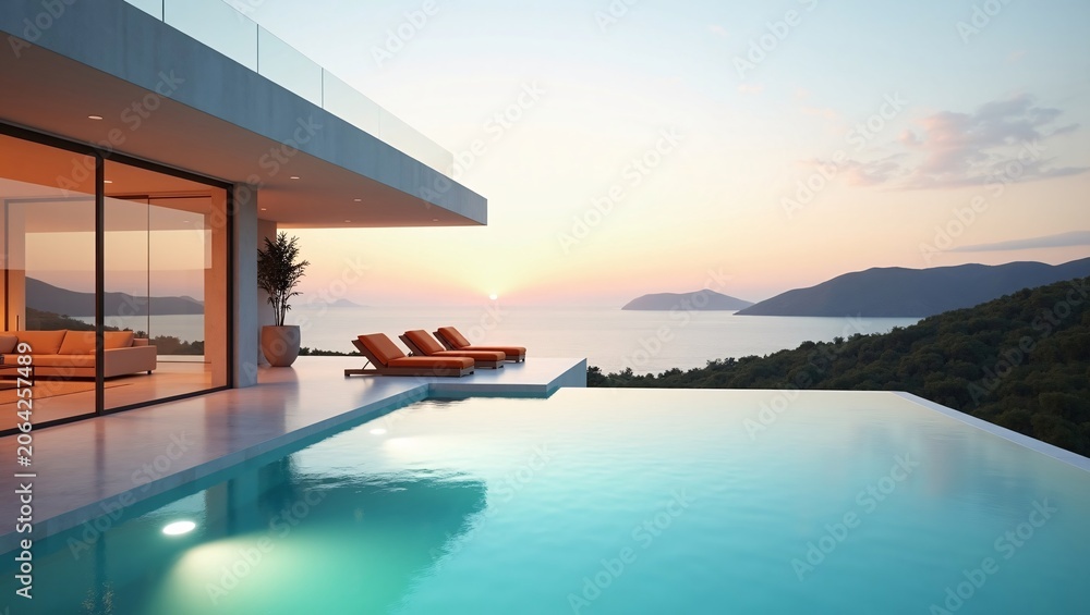 Fototapeta premium Modern cliff villa with infinity pool, orange loungers, overlooking calm sea and mountain sunset.