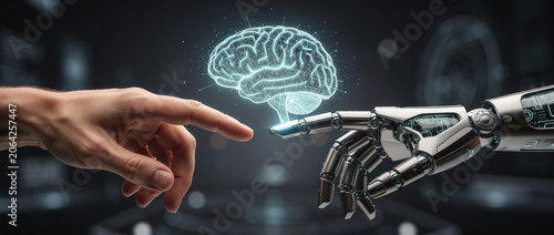 Human and robot hands reaching towards a glowing digital brain, symbolizing AI and human connection.