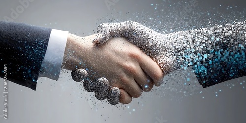 Digital handshake dissolving into abstract cubes and particles technology integration.