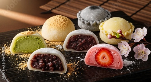 Assortment of delicious japanese mochi desserts with various flavors and textures