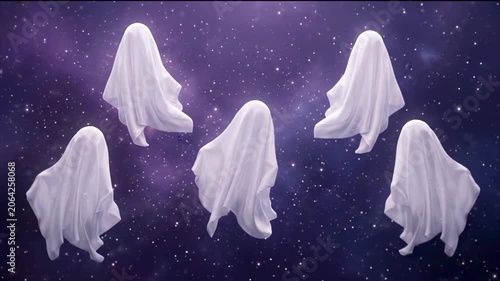 Minimalist Translucent Cute Ghosts Floating in Soft Pastel Fog Seamless Loop