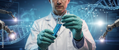 Scientist in Lab Coat Holding Test Tube with DNA Helix and Robotic Arms in Background.