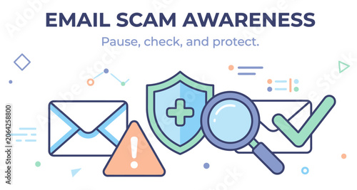 Email scam awareness with magnifying glass and security shield vector silhouette Isolated on white background