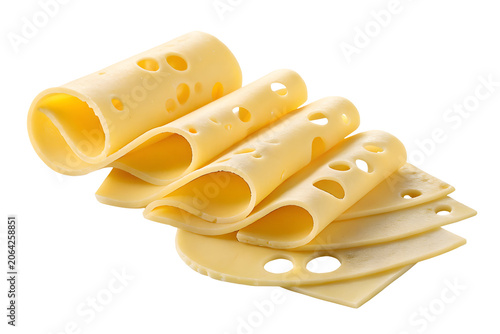 Swiss cheese slices, traditional dairy product from Switzerland, Emmental cheese, isolated on transparent or white background