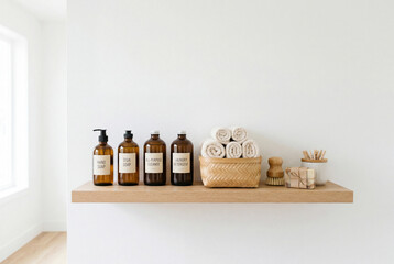 Clean living concept shows organized household essentials on a shelf in a home without any logos or distractions
