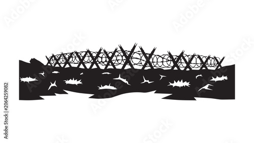 Barbed Wire Fence and Barricades Silhouette.