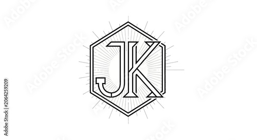 Stylized JK monogram logo in hexagonal frame with radiant lines