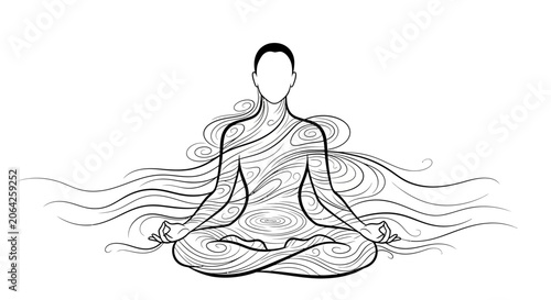 Stylized person meditating in lotus pose with flowing energy lines