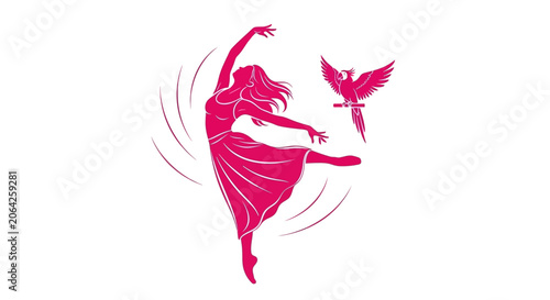 Stylized pink dancing woman and parrot illustration