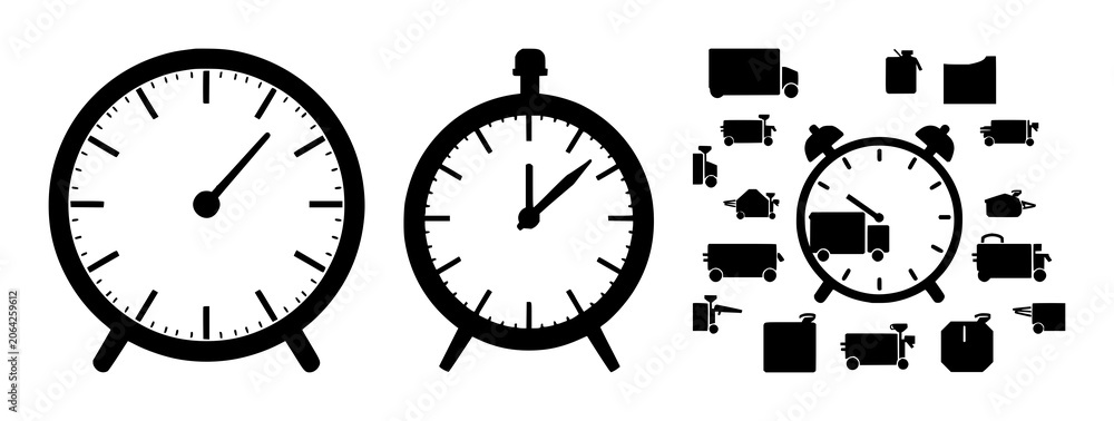 Fototapeta premium Same-day delivery clock set with solid black icon against white background featuring timekeeping, shipping, urgent delivery with illustration and vector