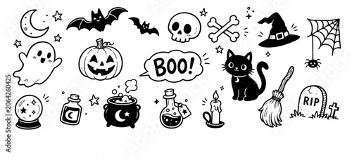 Halloween doodle icons set spooky elements for holiday design. Vector Illustration