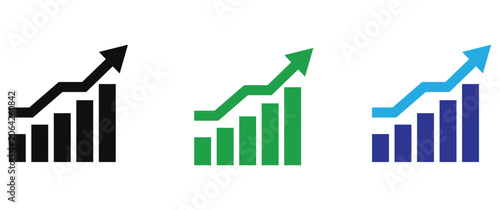 Business Growth and Financial Analytics Icons Featuring Upward Trend Charts, Performance Metrics and Revenue Development Symbols