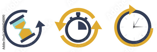 Time Management and Productivity Process Icons Featuring Workflow Rotation, Schedule Optimization and Clock-Based Efficiency Concepts