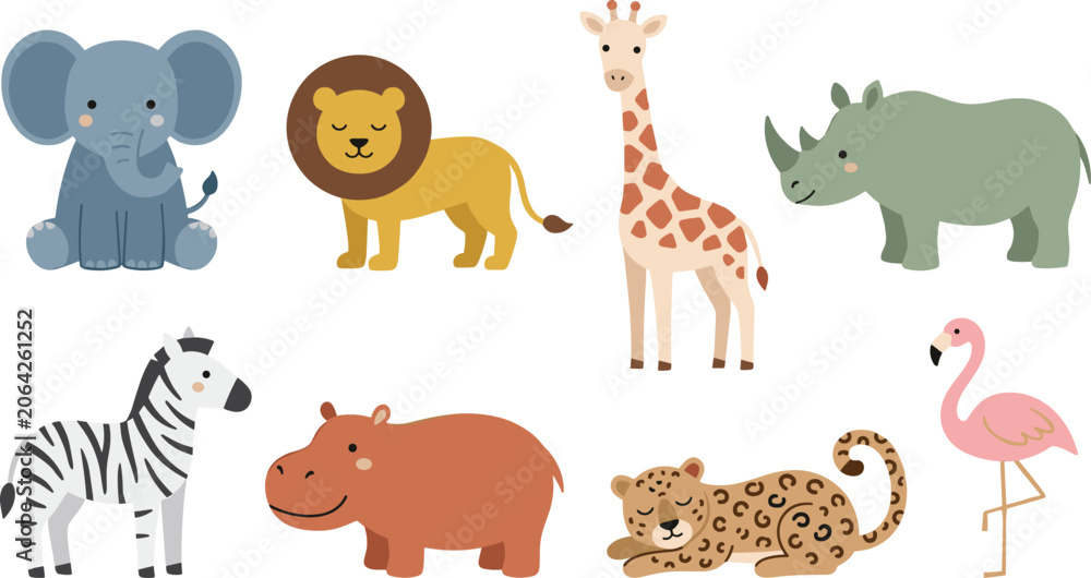 Naklejka premium Cute Minimalist Safari Animals Vector Clip Art Set Featuring Cartoon Elephant Lion Giraffe Rhinoceros Zebra Hippopotamus Leopard and Pink Flamingo Icons
