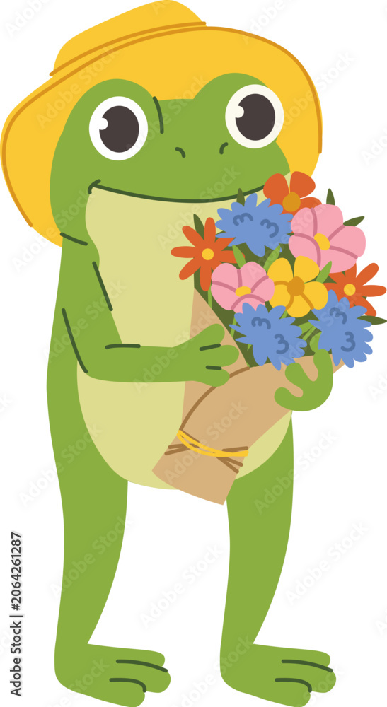 Obraz premium Frog Character Holding Bouquet Cartoon
