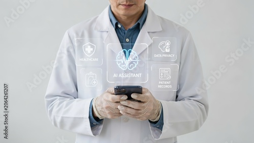 Doctor using a smartphone with artificial intelligence digital health icons display