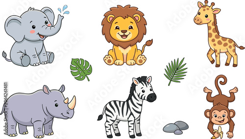 Photography Cute African Safari Animals Vector Clip Art Set Featuring Cartoon Elephant Lion