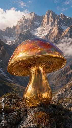 Large golden metallic mushroom sculpture in rocky mountainous landscape