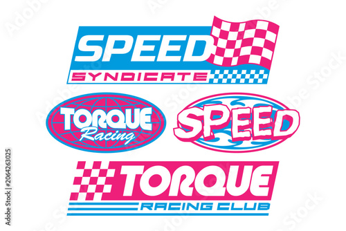 Streetwear auto racing logo and automotive badge with set y2k vector style featuring speed syndicate, torque racing club text with checkered flags, globe icons, flame motifs colors.