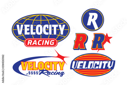 Streetwear auto racing logo and automotive badge with set y2k vector style featuring velocity racing text, blue globe grid icons, checkered flags, stylized letter R, bold sports typography on white.