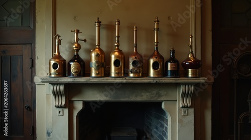 Vintage Brass Firefighting Nozzles Displayed on Mantelpiece.