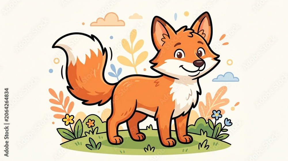 Fototapeta premium Friendly Fox Clipart with Orange Tones and Thick Outline Cartoon Illustration