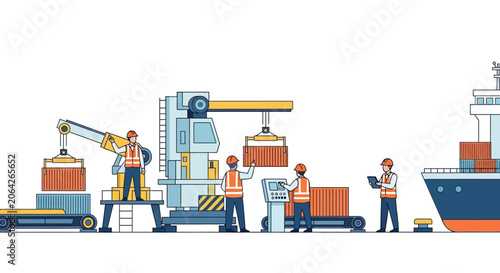 Industrial port logistics: workers loading cargo ship with containers using cranes
