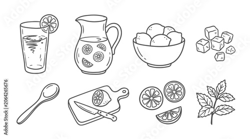 Fotografía Hand-drawn lemonade ingredients set: pitcher, glass, lemons, ice, mint, spoon, c