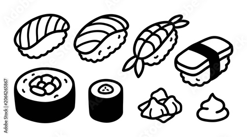 Fotografie Cute Sushi Icon Set: Nigiri, Maki, Ebi, Wasabi, Ginger - Black and White