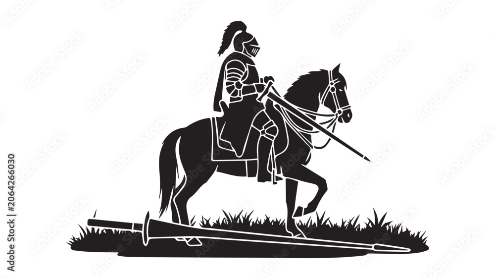 Obraz premium Medieval Knight on Horseback with Sword and Shield Silhouette.