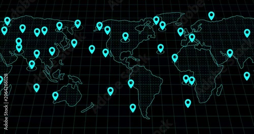 Cinematic slow motion footage of digital location pins connected across a global map interface, depicting navigation technology and network connectivity 