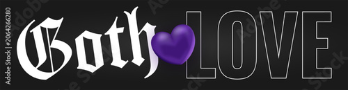 Horizontal banner with Goth Love text in fraktur font and 3D purple heart. Vector illustration.