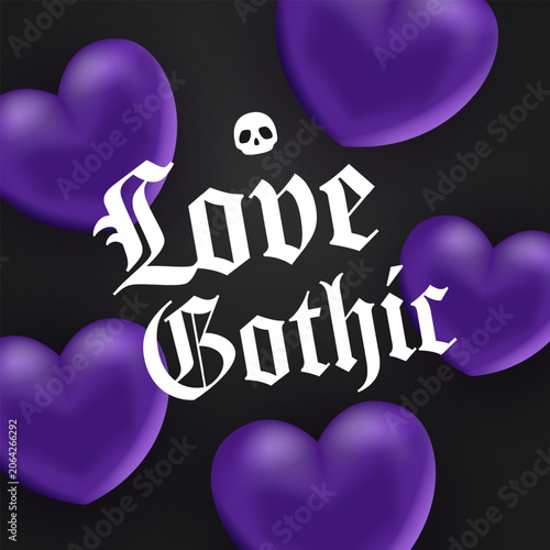 Poster with 3d purple hearts and skull. Vector illustration.