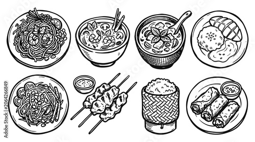 Foto Thai Food Illustration Set: Noodles, Curry, Skewers, Spring Rolls, Rice