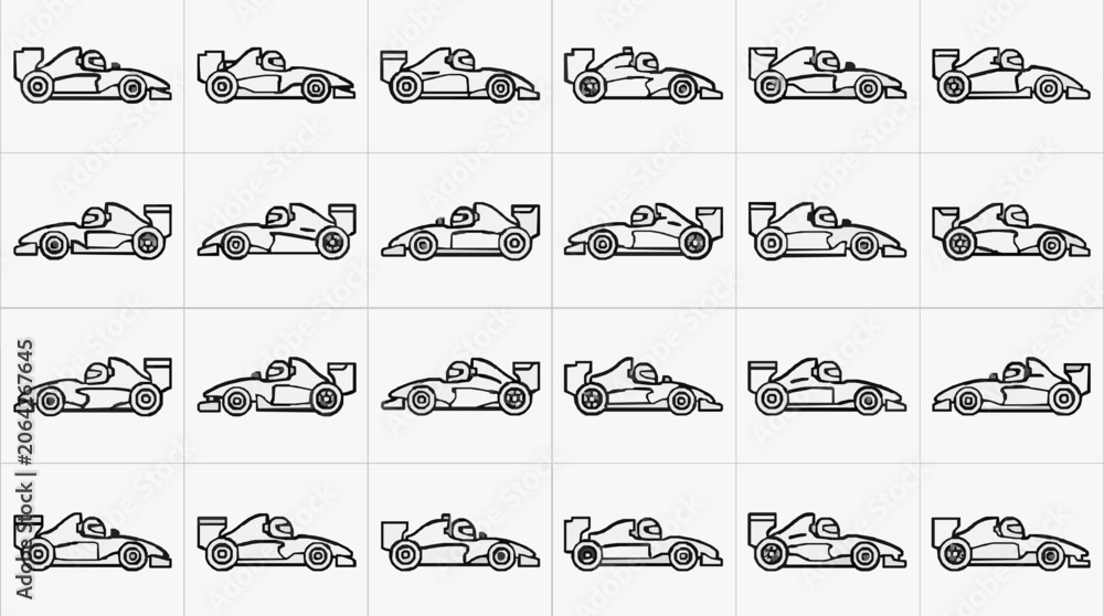 Naklejka premium Clean Line Art Collection of Iconic Formula Racing Cars with Distinctive Number Plates with high professional line art symbols for modern creative design and digital branding projects