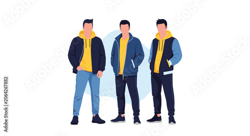 Three young men standing together and wearing casual jackets over yellow hoodies for modern youth fashion and lifestyle character design themes.