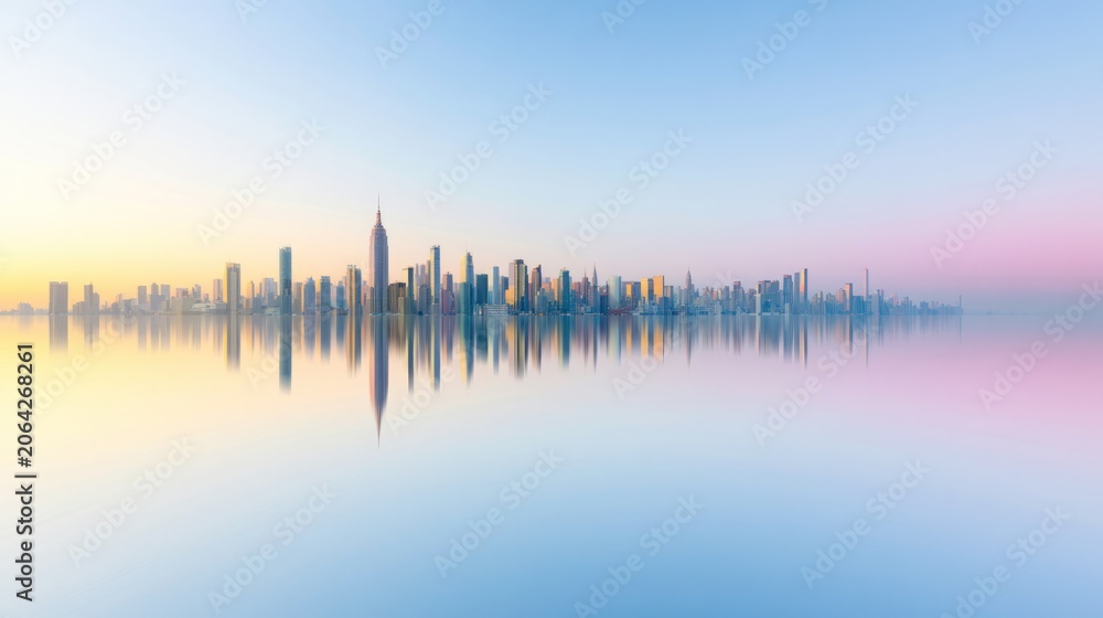 Fototapeta premium Cityscape at Dawn: A breathtaking panoramic view of a sprawling cityscape emerging from the morning mist, its towering structures mirrored in the calm.
