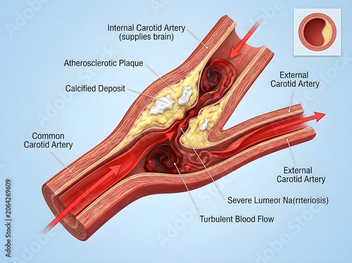 Carotid Artery Bifurcation with Severe Atherosclerosis Plaque and Turbulent Blood Flow