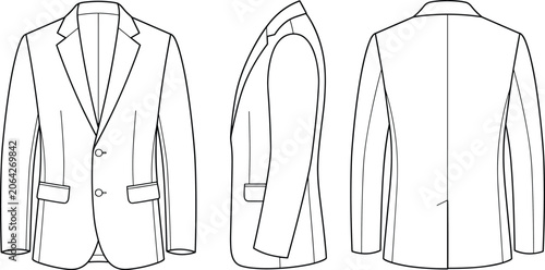 Foto Fashion technical sketch of a classic men blazer showing front side and back vie