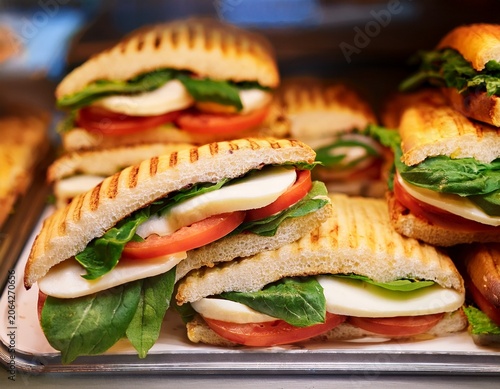closeup of fresh display of stacked pile of panini bread mozzarella melted cheese vegetarian italian tomatoes basil lettuce in store shop cafe buffet catering sandwiches