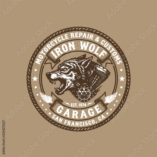Iron Wolf Motorcycle Repair and Customs Retro Vector Badge Design