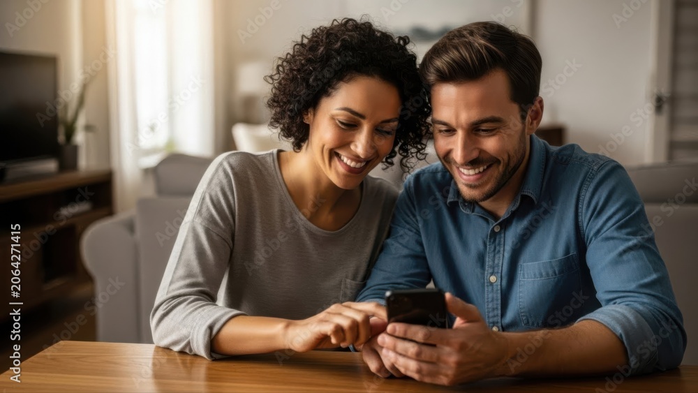 Obraz premium Couple Smiling Looking at Smartphone at Home