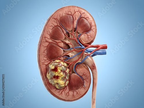Kidney Stone Blocking the Ureter in Human Renal Anatomy Cross Section