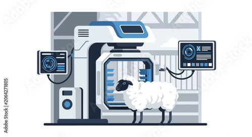 Smart Farming and Precision Livestock Monitoring Illustration with High-Tech Machinery and Sheep