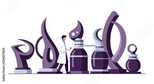 Scientist Conducting Research in Abstract Futuristic Laboratory with Purple Chemical Structures and Molecular Shapes