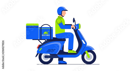 Delivery Courier Riding Blue Motor Scooter for Express Food and Grocery Delivery Service, Modern Flat Vector Illustration Isolated on White Background